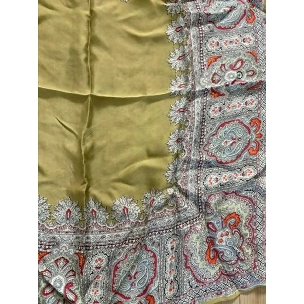 Vintage Paisley Patterned Gold‎ Green Scarf with Ornate Border